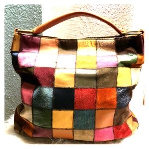 VINTAGE Lucky Brand Leather suede PATCHWORK Lg. Ba